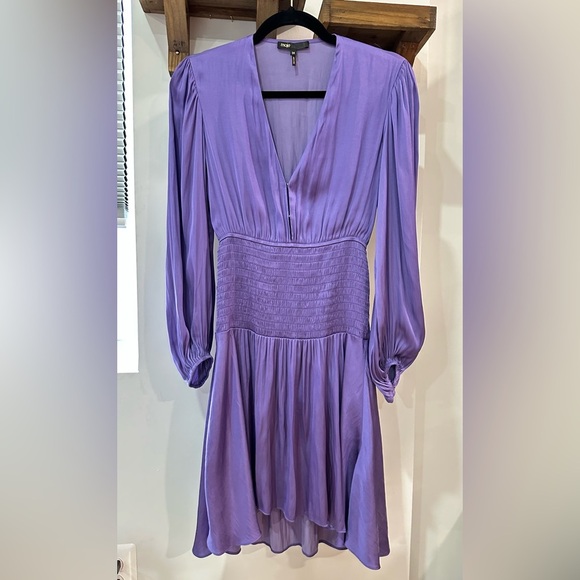 Maje Reloua Purple Satin Smock-Waisted Long Sleeve Dress FR 34 (US XS or 0) - Picture 5 of 13